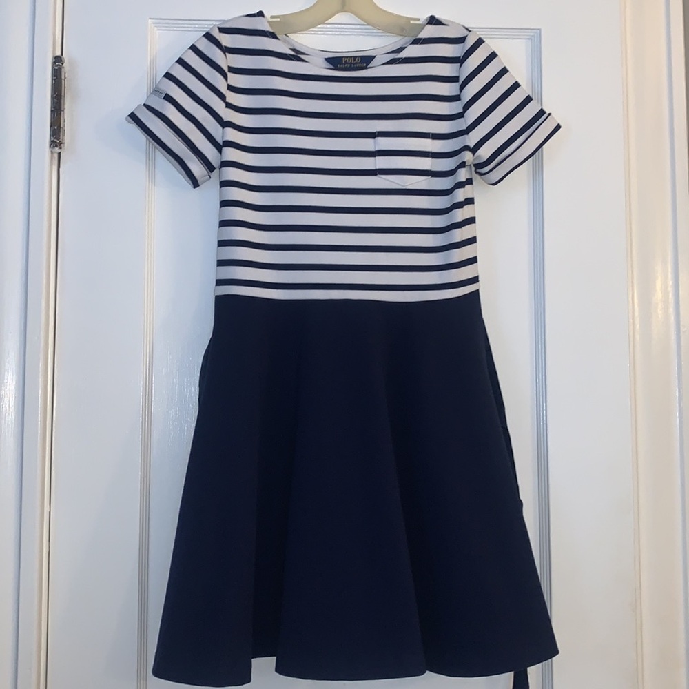 POLO Ralph Lauren Navy and White Striped Dress 12-14 EUC